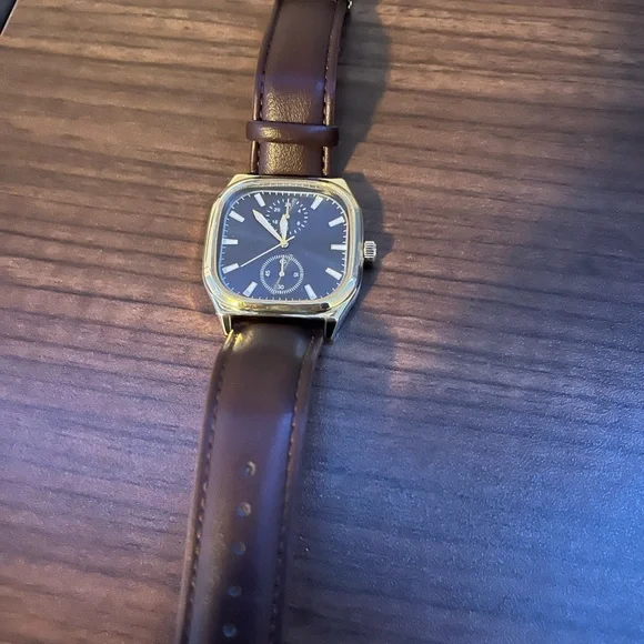 Square Gold Case Brown Leather Watch with Black Dial - Picture 1 of 3